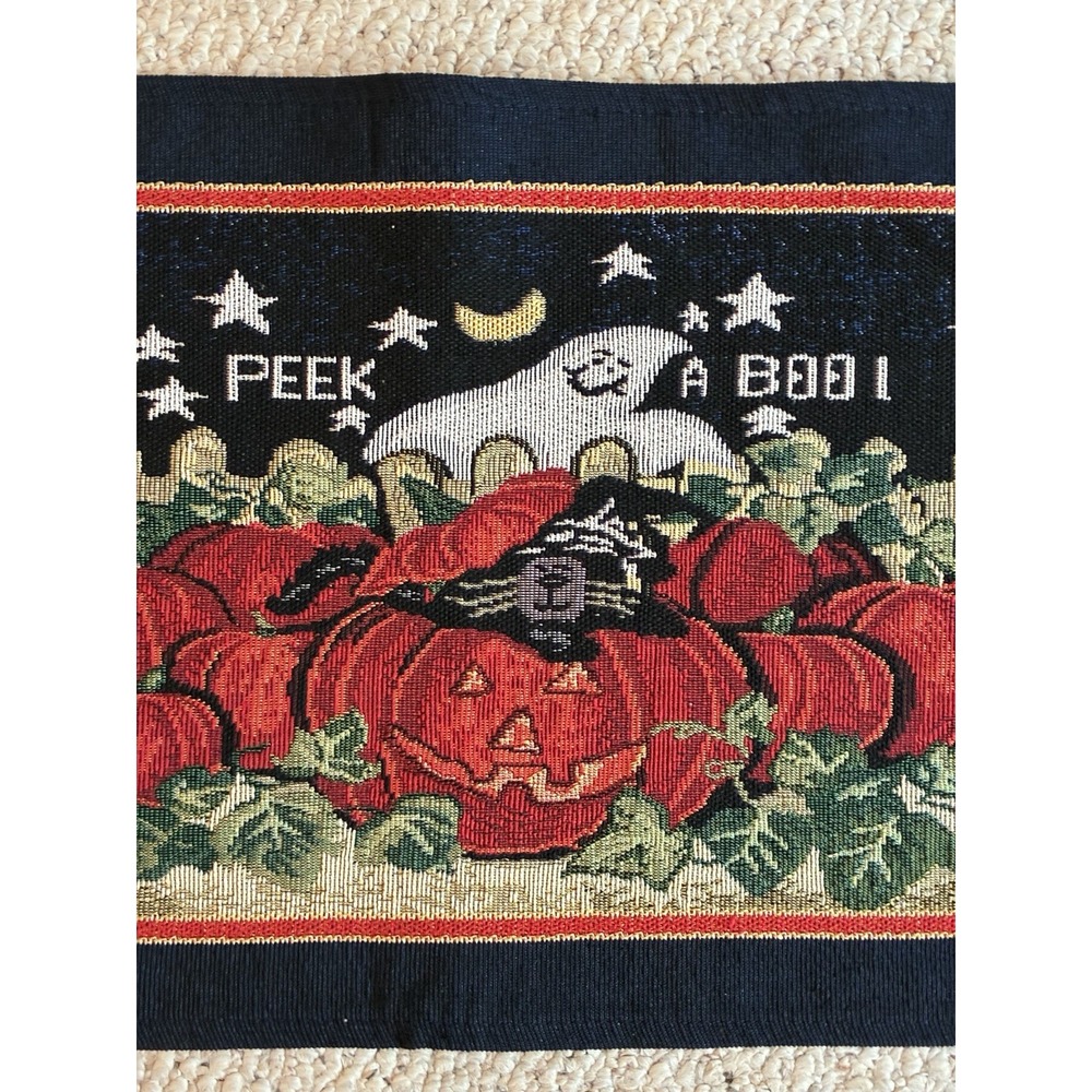 Halloween Tapestry Table Runner Ghost Cat Witch Pumpkins 73" Long Spooky Cozy